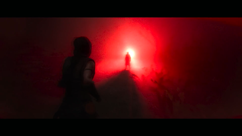 Silhouetted figure approaches person in red fog tunnel