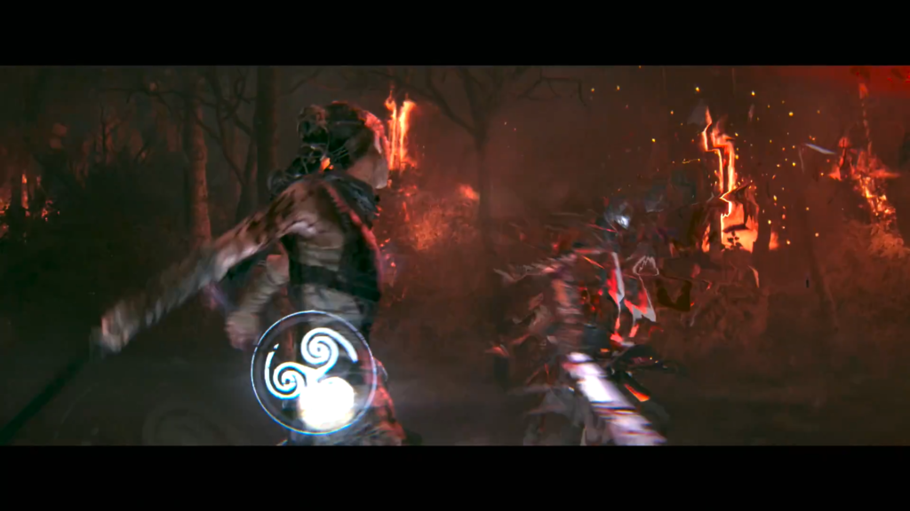 Warrior fights armored enemy in burning forest at night