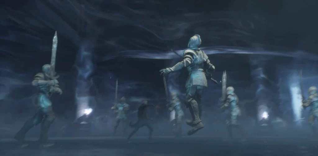 Armored knights floating with swords in dark misty arena