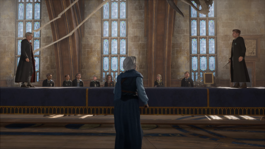 Students duel on table in Hogwarts Great Hall