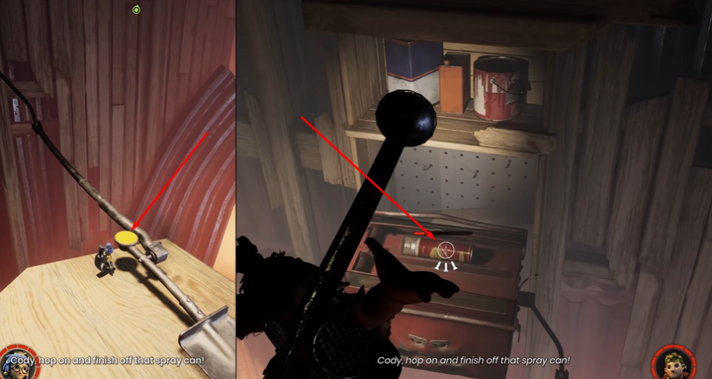 Cody aims at spray can in workshop shelf