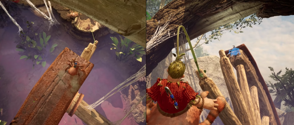 It Takes Two characters swinging on vine above canyon