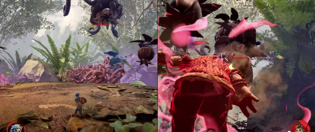 Split-screen game characters fighting flying creatures in jungle