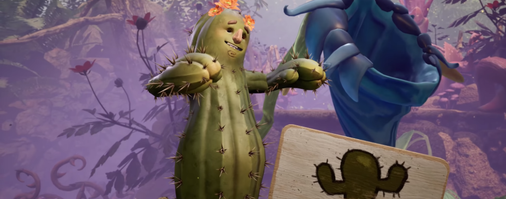 Cactus character posing in forest with wooden sign
