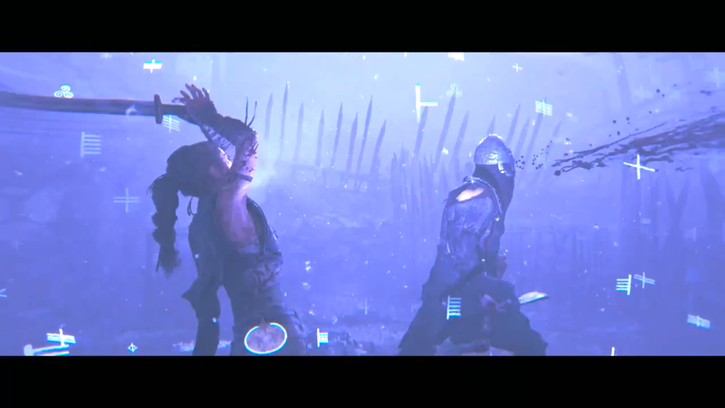 Warrior swings sword at armored fighter in blue fog