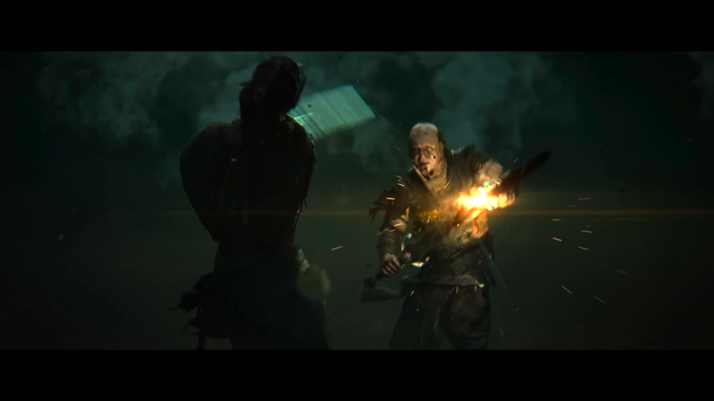 Armored fighter swings flaming sword at opponent in fog