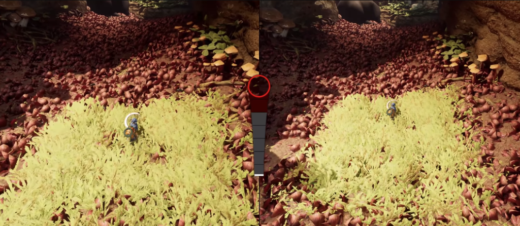 Split-screen game view of character in tall grass