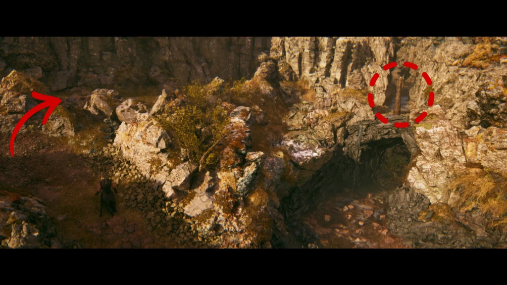 Red arrow and circle marking rocky canyon path