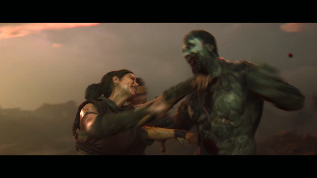 Woman punches zombie during fight in smoky outdoors