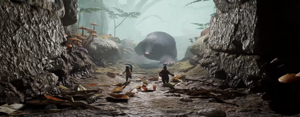 Two small figures face giant mole in cave