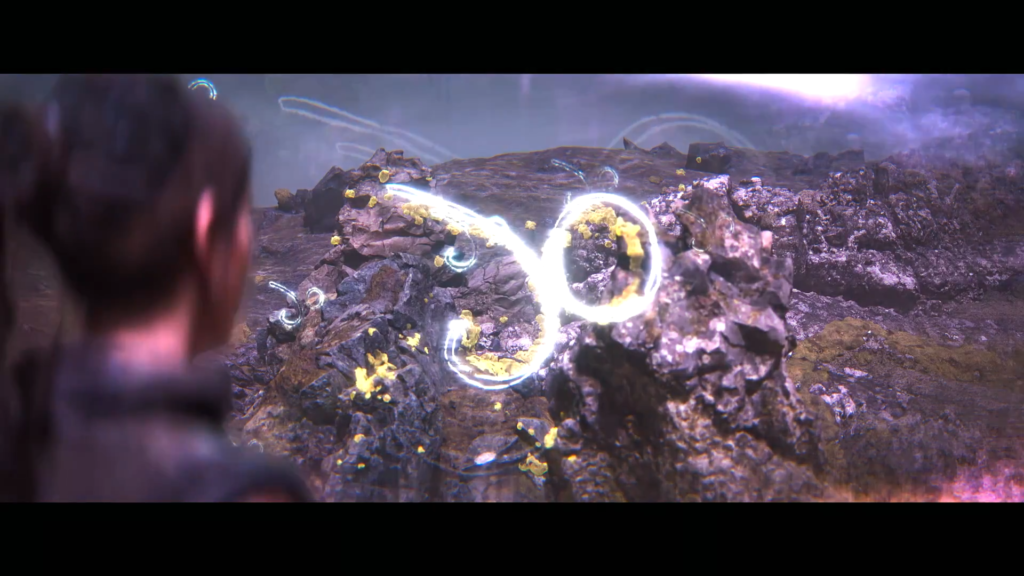 Woman watches glowing white swirl over rocky ground