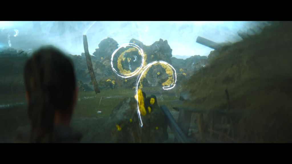 Person watching glowing spiral symbols in rocky landscape