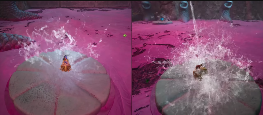 Two players splashing on round platform in pink liquid