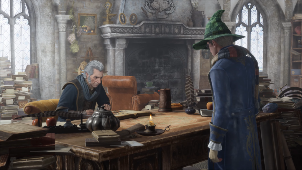 Hogwarts Legacy student talks to professor at desk in study