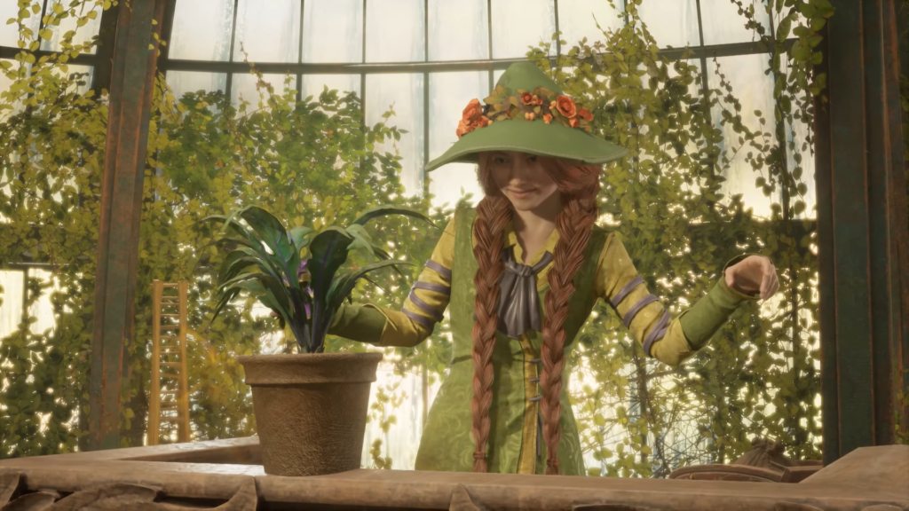 Red-haired woman tending potted plant in greenhouse