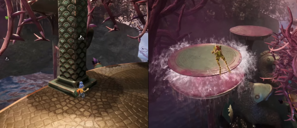 It Takes Two characters platforming on giant lily pads