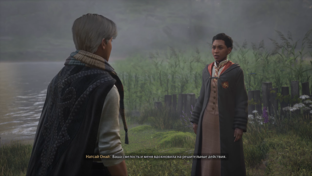 Hogwarts Legacy students talking beside misty lakeside reeds