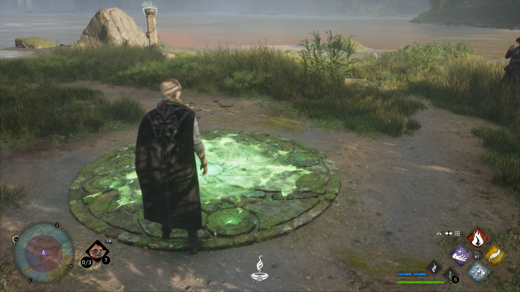Wizard stands on glowing green circle in Hogwarts Legacy