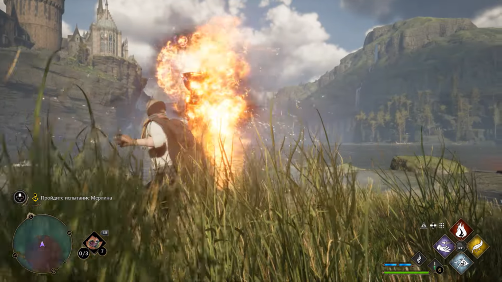 Hogwarts Legacy wizard casts fire spell near lake grass