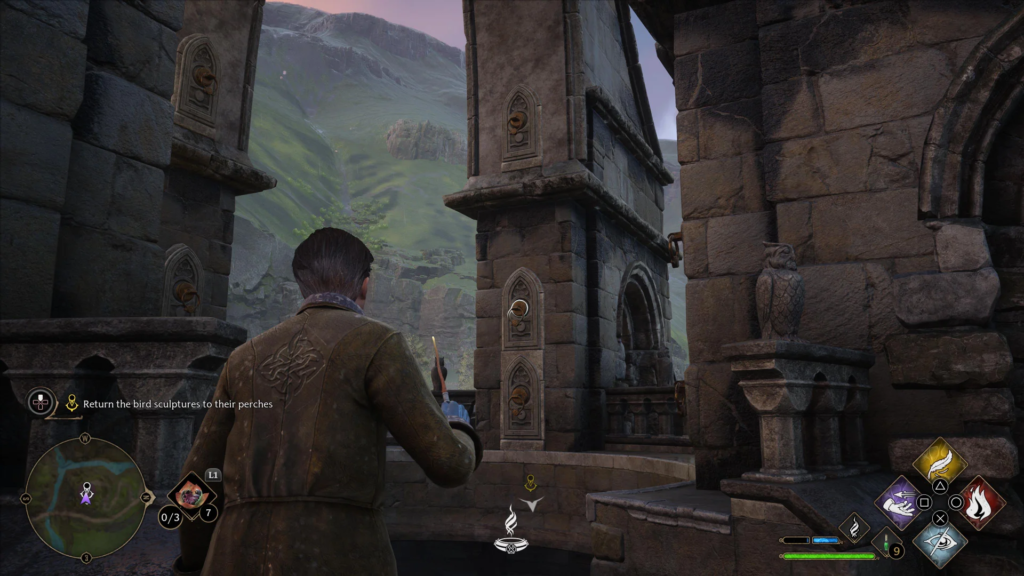 Hogwarts Legacy wizard holding wand in stone courtyard