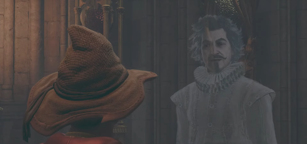 Ghost in white ruff speaks to wizard indoors