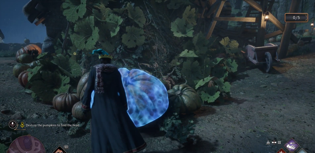 Hogwarts Legacy wizard casts spell on pumpkins outdoors