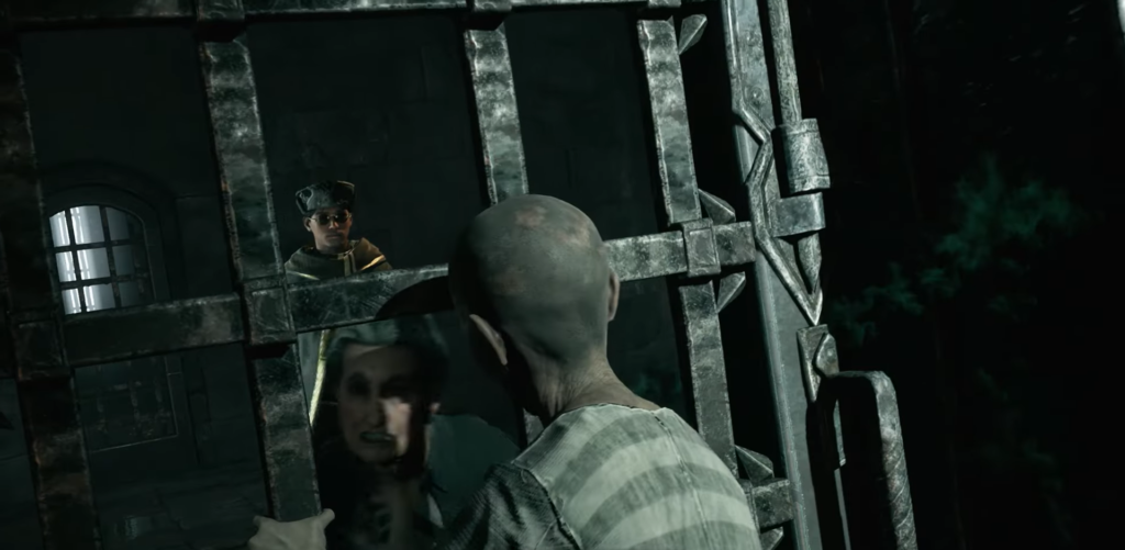 Bald prisoner grips cell door as guard watches