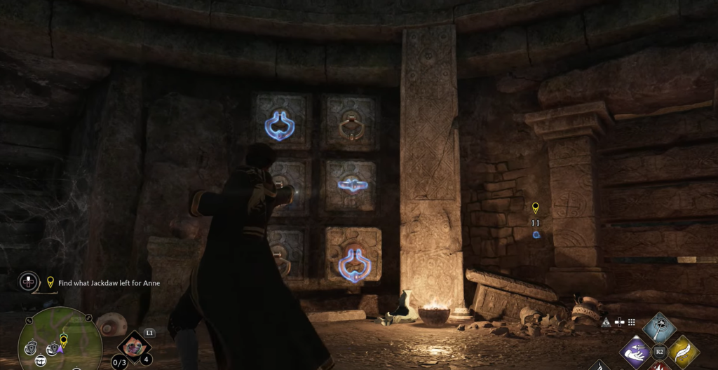 Wizard aiming wand at glowing wall puzzle in ruins