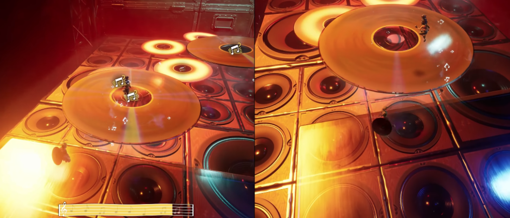 It Takes Two characters jumping on orange record in music room