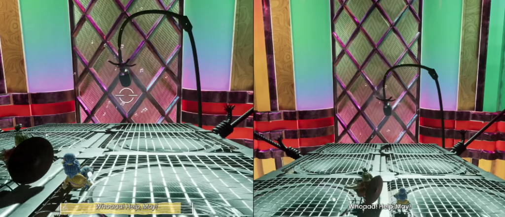 It Takes Two characters running on metal platform indoors