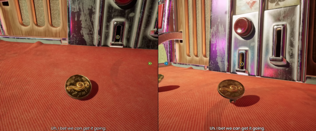 Gold coin spinning on red carpet near door