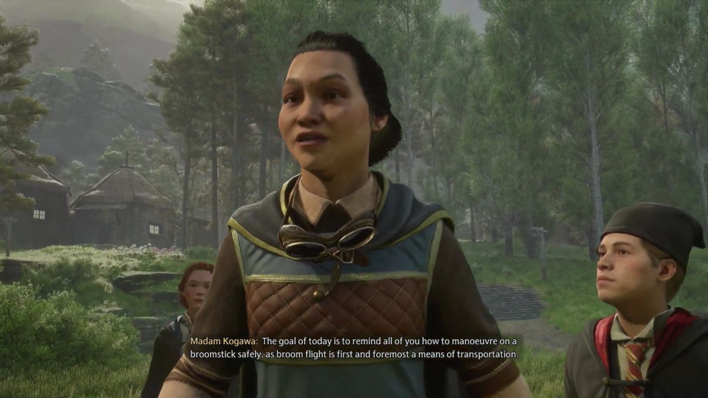 Madam Kogawa speaks outdoors in Hogwarts Legacy forest