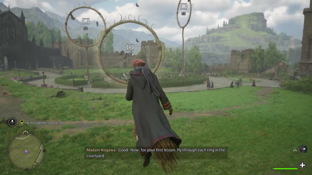 Hogwarts Legacy student flying broom through rings in courtyard