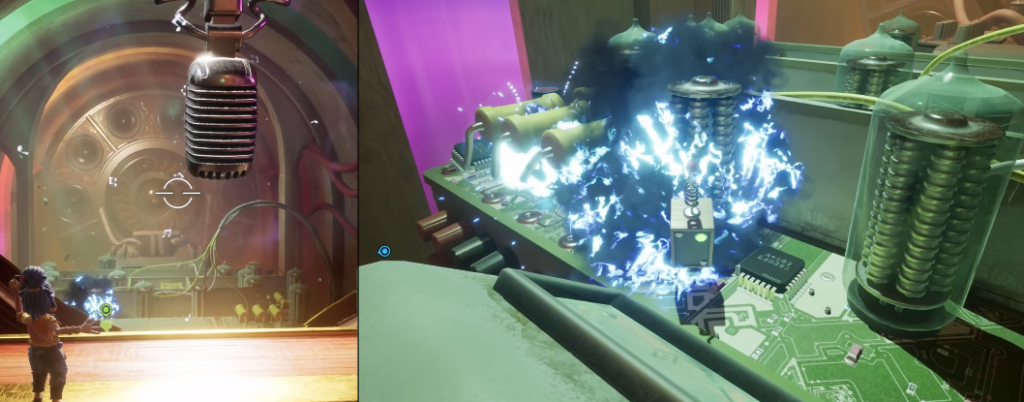 Microphone hanging above electrified circuit board in lab