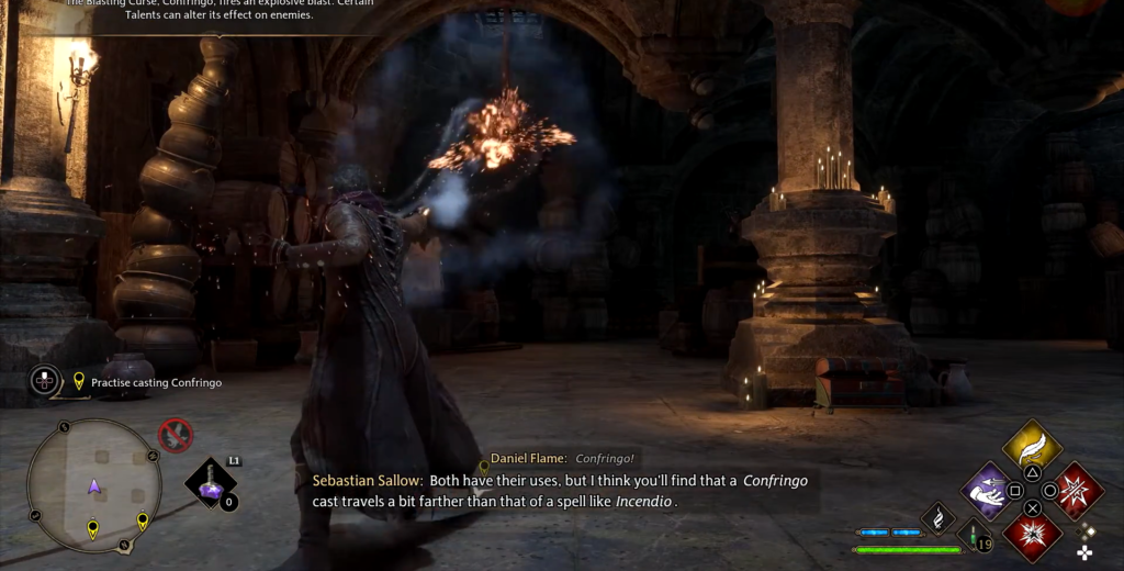 Wizard casts Confringo spell in Hogwarts Legacy dungeon