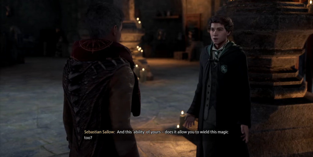 Sebastian Sallow talks in Hogwarts Legacy castle corridor