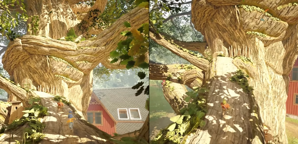 Two tiny figures climbing tree trunk near red house