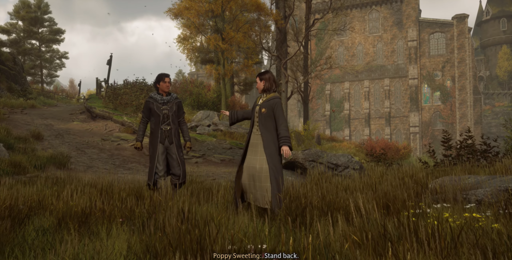 Poppy Sweeting talks to student outside Hogwarts castle