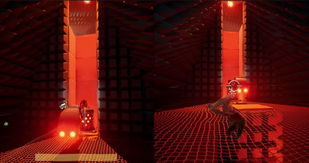 Player aiming gun in red-lit sci-fi room