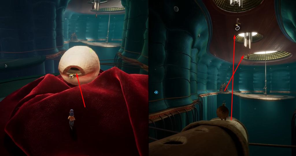 It Takes Two characters climbing inside blue cylindrical chamber