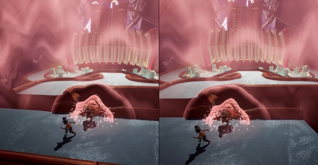 It Takes Two characters fighting inside pink mouth arena