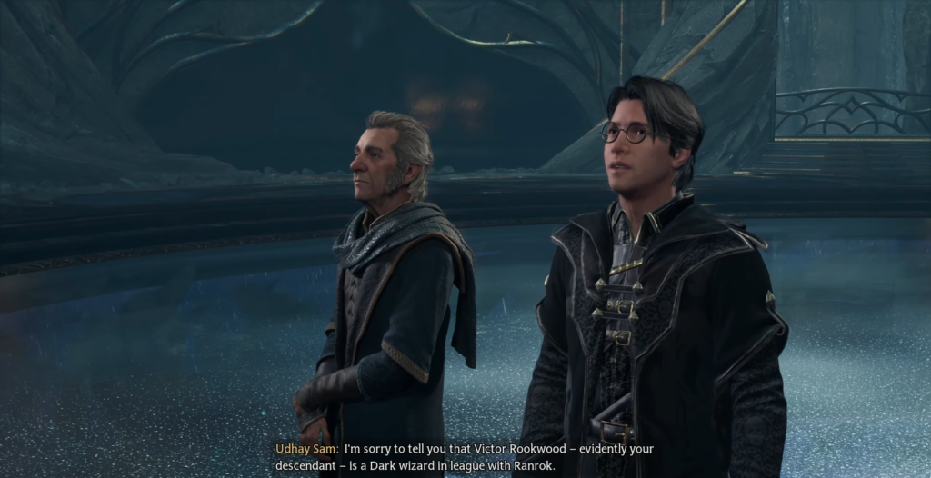 Удай Сам и волшебник стоят в зале Hogwarts Legacy