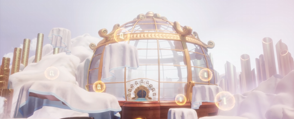 Golden glass dome stands among snowy cliffs