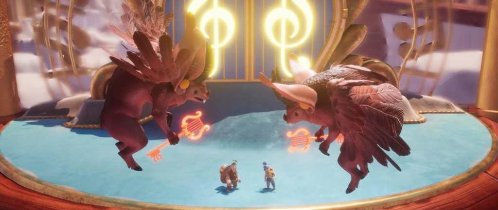 Two winged pigs face off on stage arena