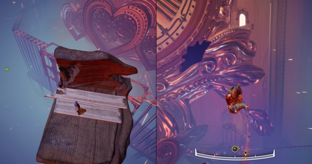 May and Cody falling near giant clockwork gears