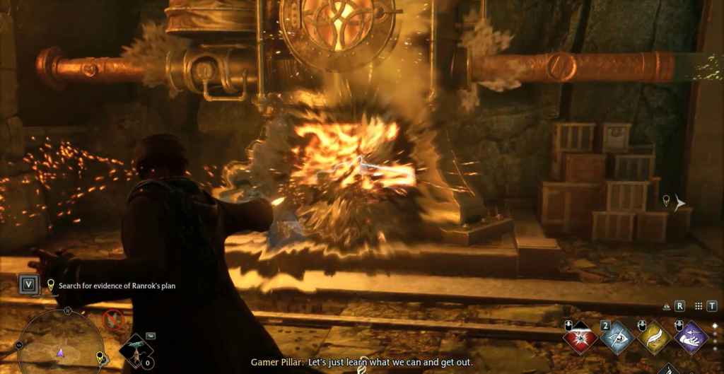 Волшебник взрывает механизм в подземелье Hogwarts Legacy