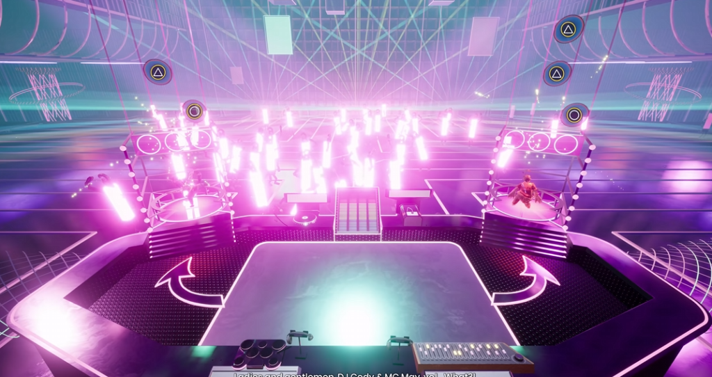 Neon stage with glowing lights and game icons