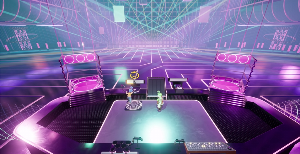 Two avatars dancing on neon purple futuristic stage