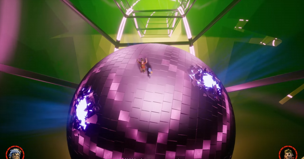 Two characters stand on purple disco ball stage