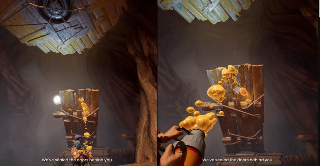 Spraying yellow foam at wooden barrier inside cave